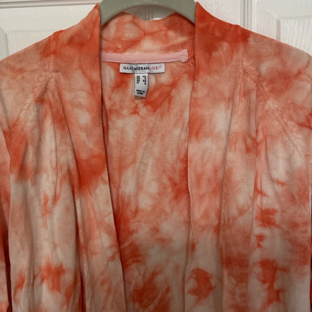 2 Isaac Mizrahi Sweaters - Coral Peplum, Coral Tie Dye Shrug Cardigan - Picture 16 of 16